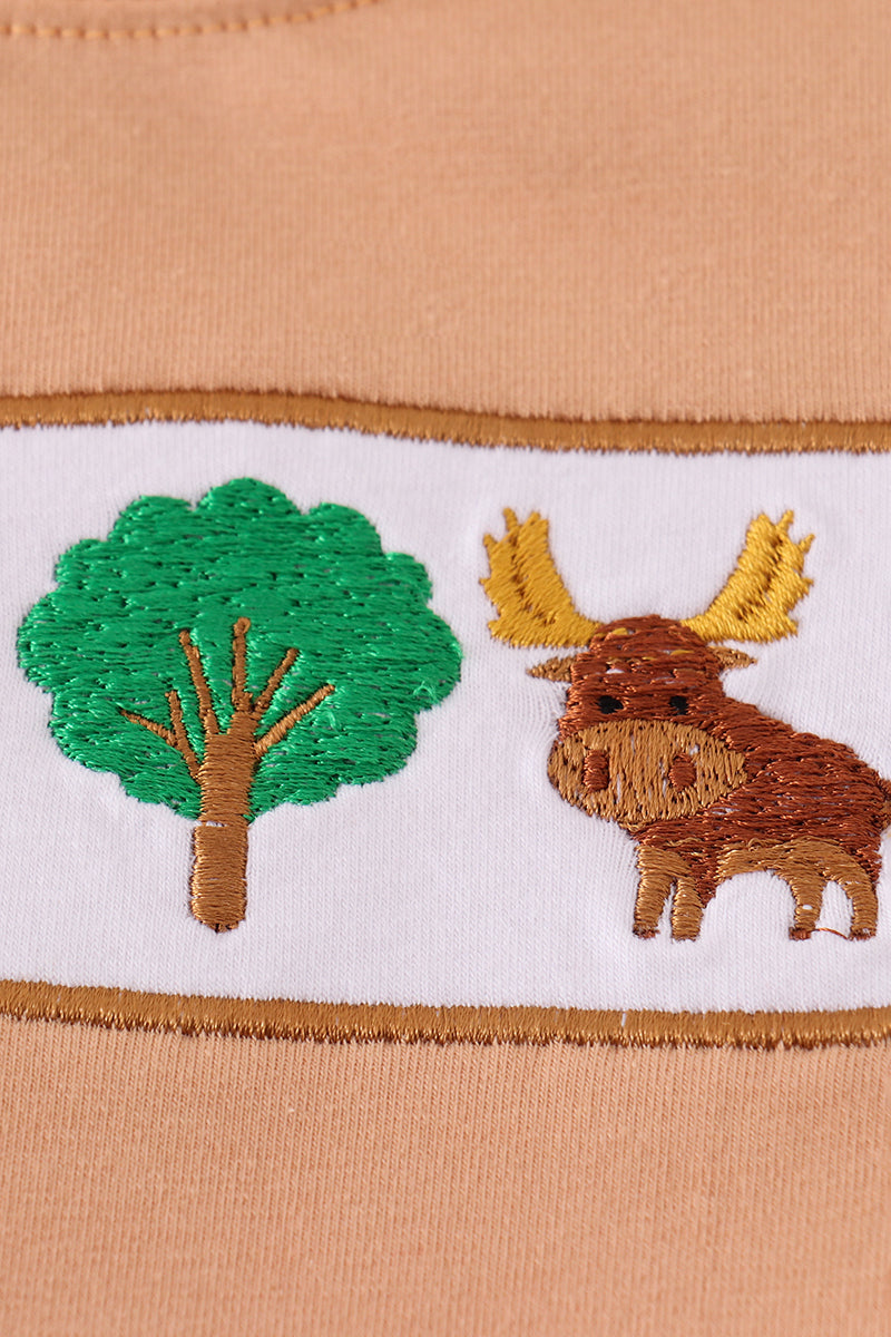 Khaki hunting-themed embroidered set with playful animals, perfect for adventurous kids.