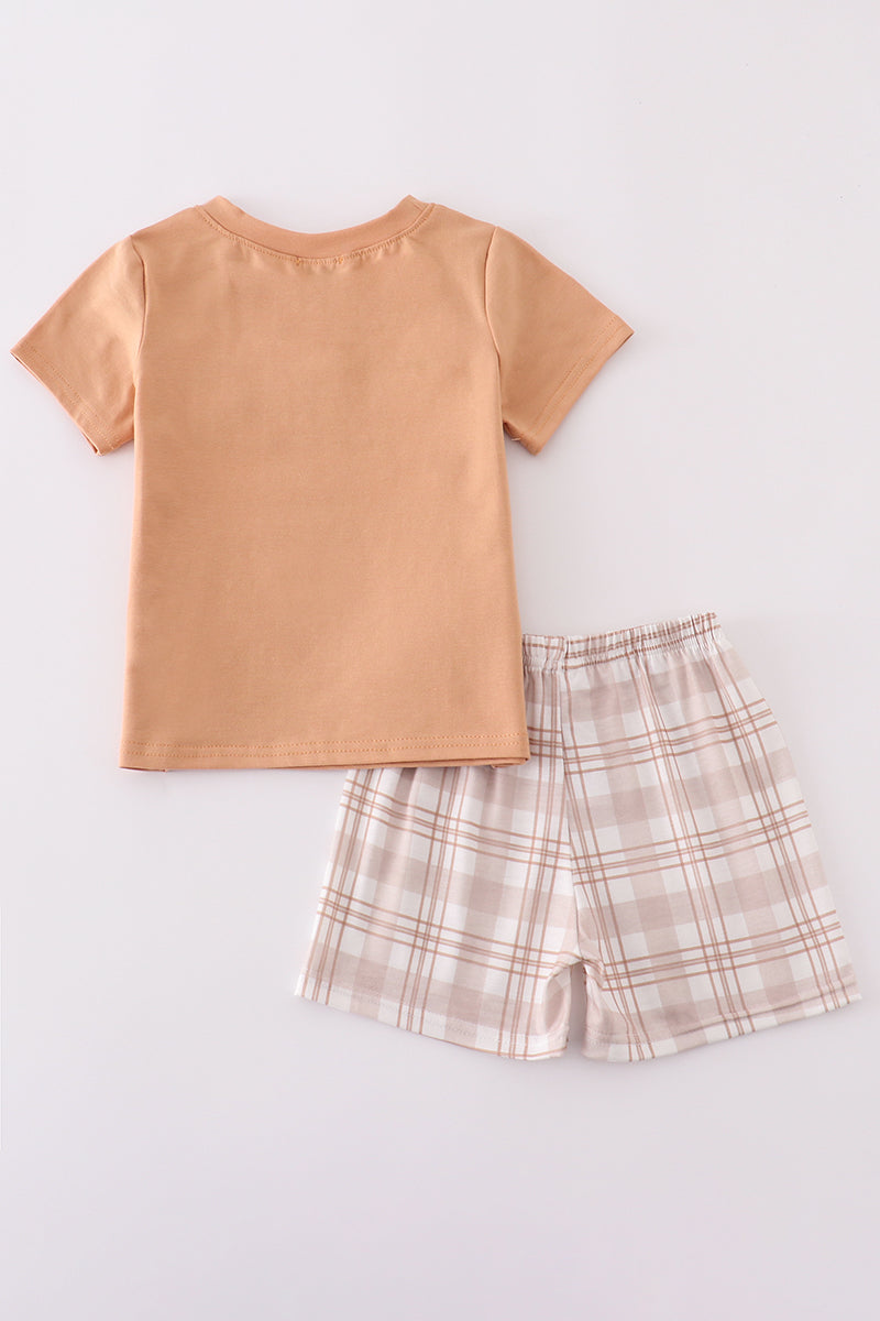 Khaki hunting-themed embroidered set with playful animals, perfect for adventurous kids.