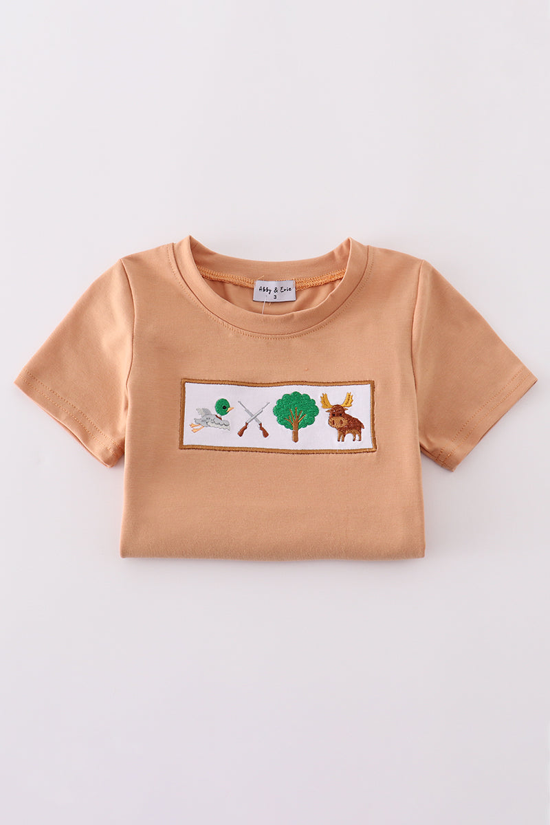 Khaki hunting-themed embroidered set with playful animals, perfect for adventurous kids.