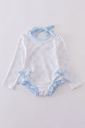 Blue classic lattice rash guard swimsuit with long sleeves, perfect for sunny playdays.