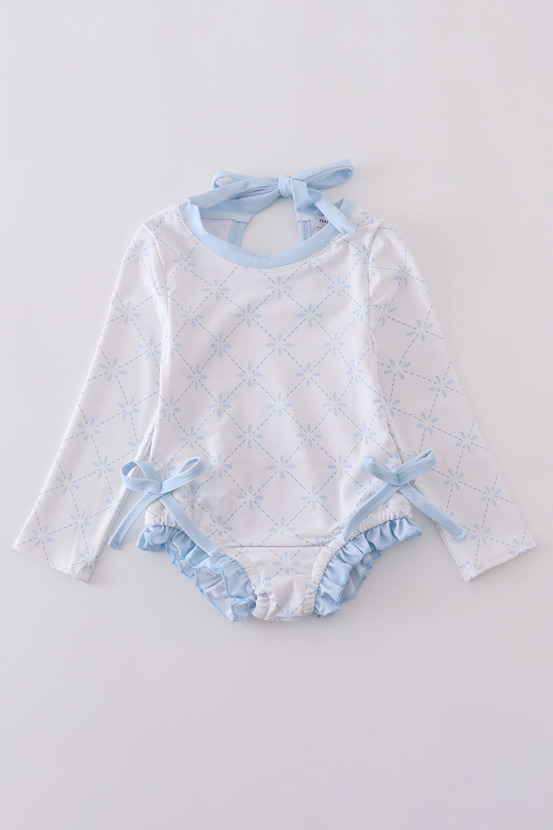 Blue classic lattice rash guard swimsuit with long sleeves, perfect for sunny playdays.