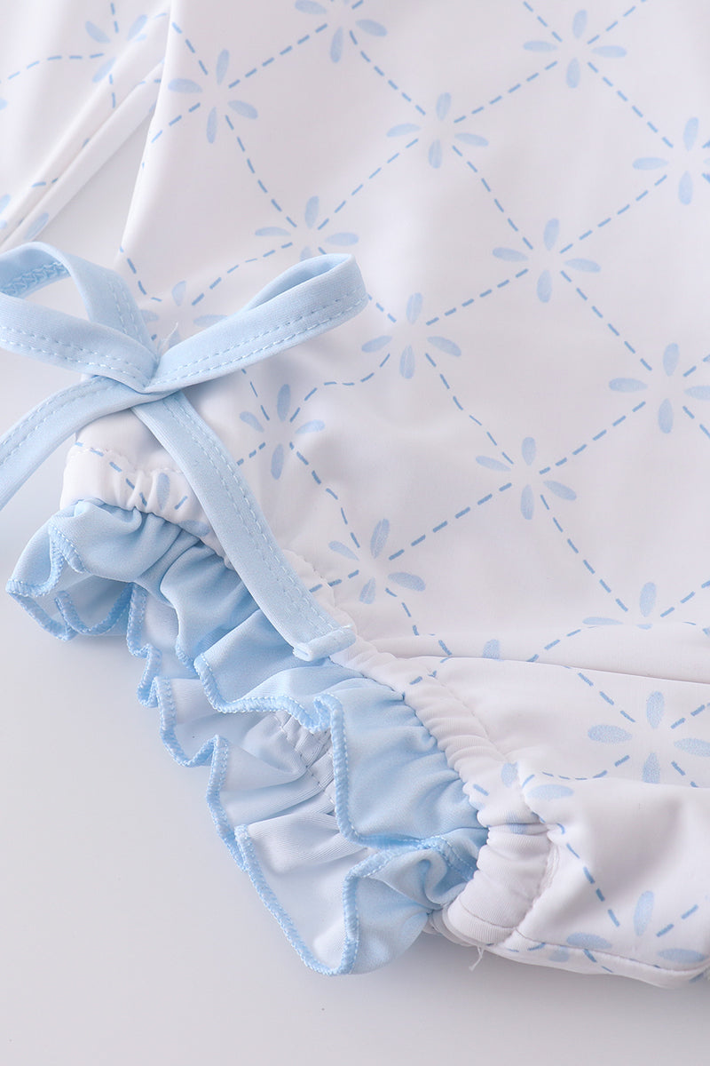 Blue classic lattice rash guard swimsuit with long sleeves, perfect for sunny playdays.