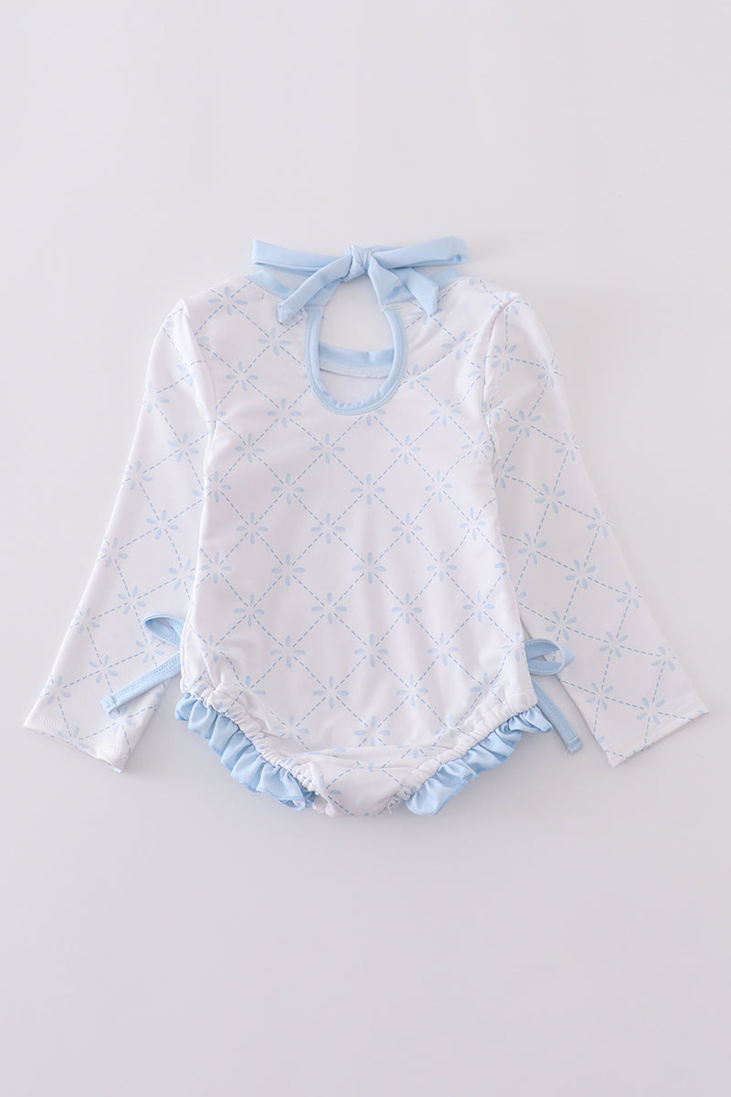 Blue classic lattice rash guard swimsuit with long sleeves, perfect for sunny playdays.