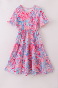 Matching Pink Paradise Reef print mom&me dresses with vibrant coral and ocean patterns.