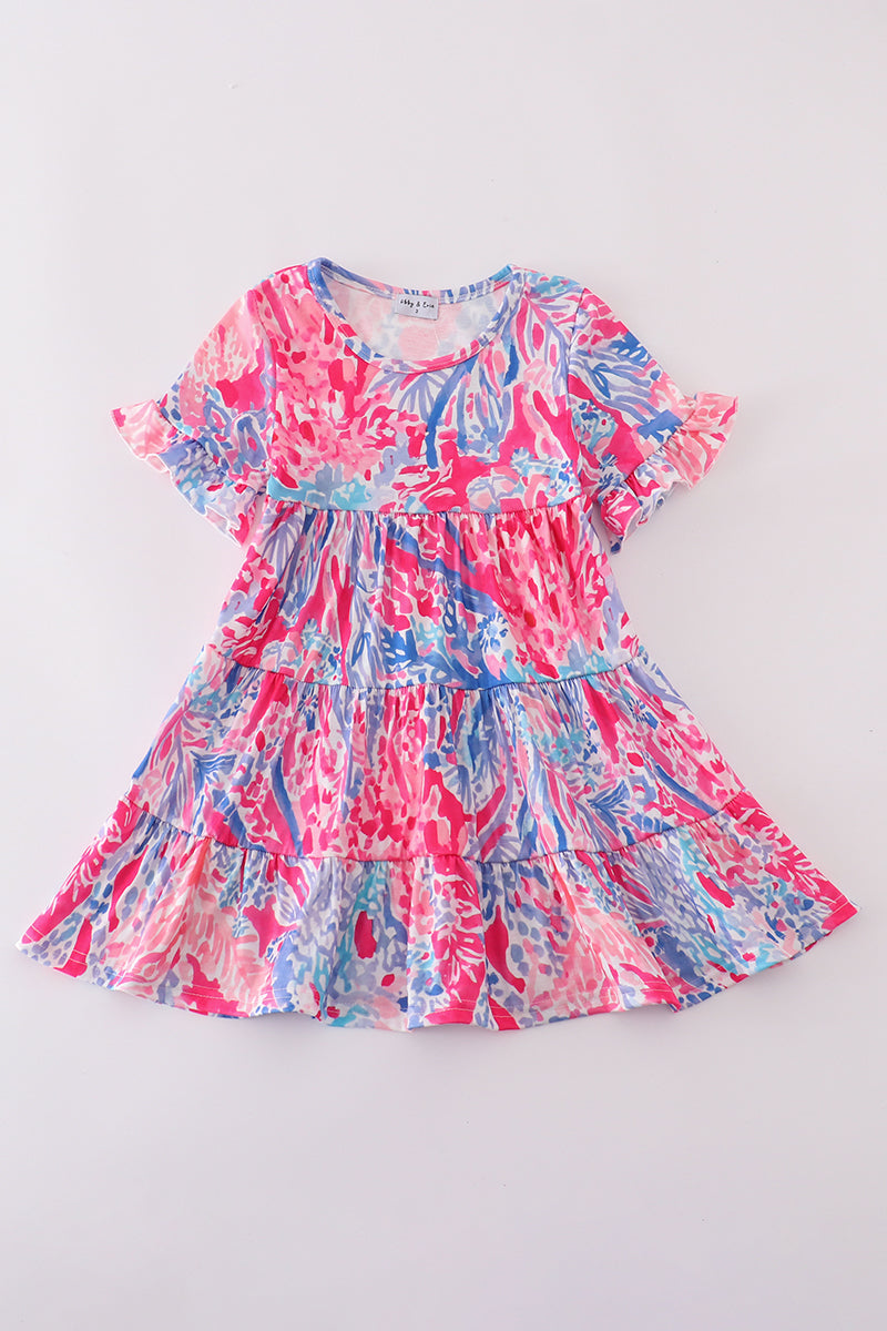 Matching Pink Paradise Reef print mom&me dresses with vibrant coral and ocean patterns.