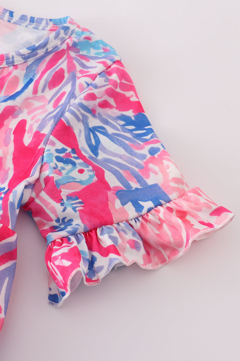 Matching Pink Paradise Reef print mom&me dresses with vibrant coral and ocean patterns.
