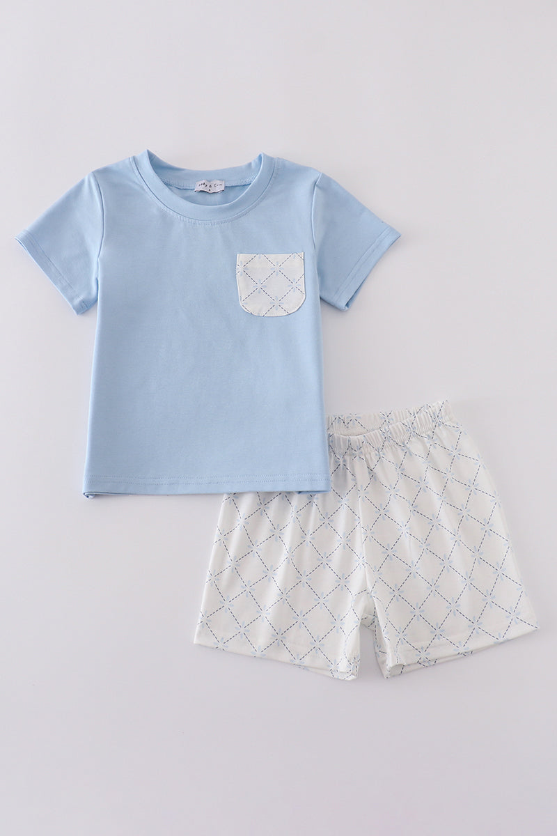 Blue classic lattice charm shorts set featuring a playful checkered pattern, perfect for summer fun.