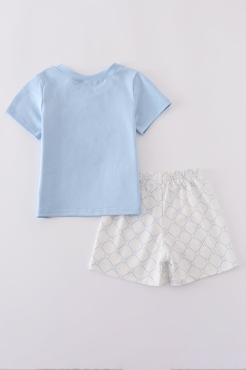Blue classic lattice charm shorts set featuring a playful checkered pattern, perfect for summer fun.
