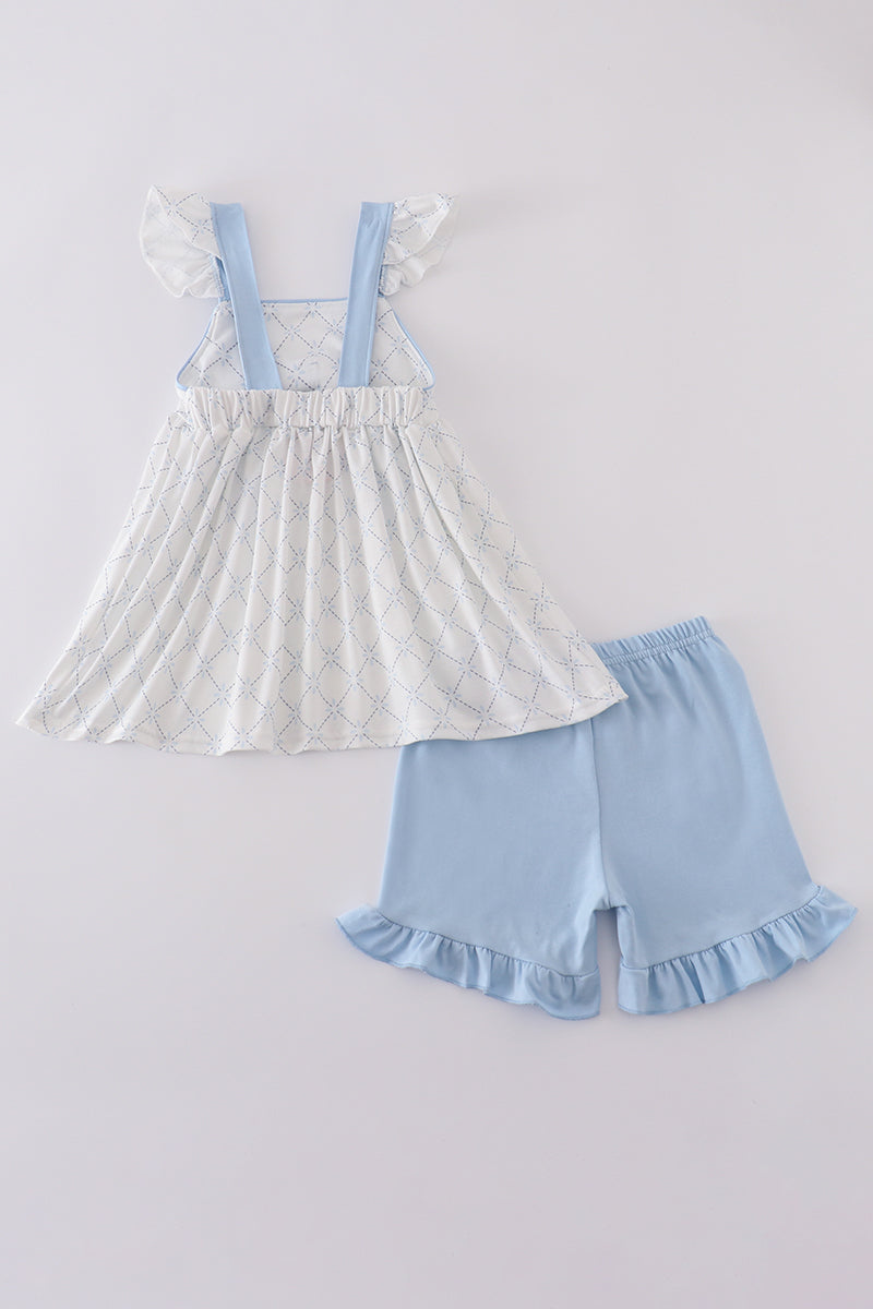 A charming blue bow lattice dress set perfect for playful outings.
