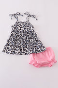 Pink leopard bloomer set with ruffled edges, perfect for playful outings.