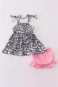 Pink leopard bloomer set with ruffled edges, perfect for playful outings.