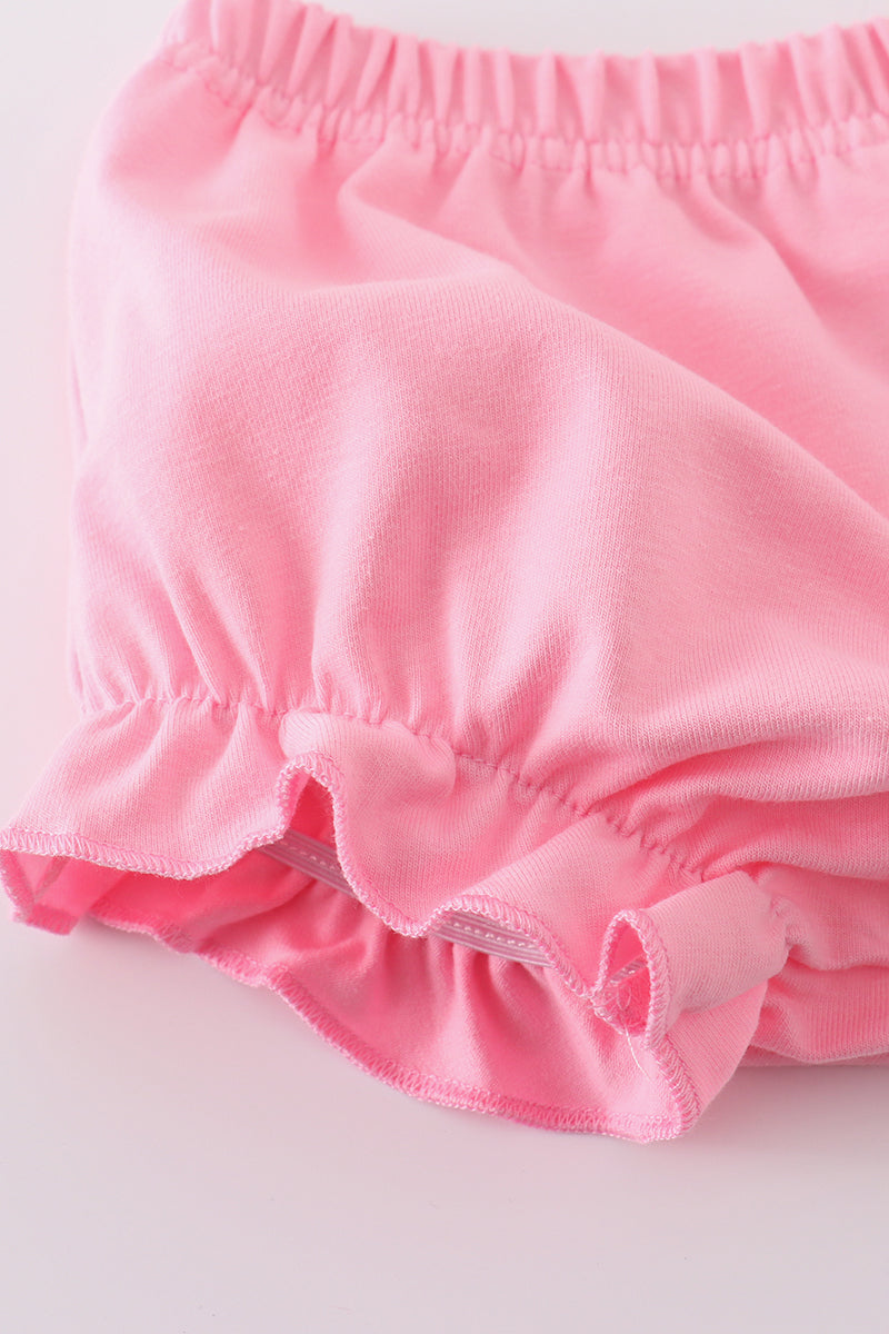 Pink leopard bloomer set with ruffled edges, perfect for playful outings.