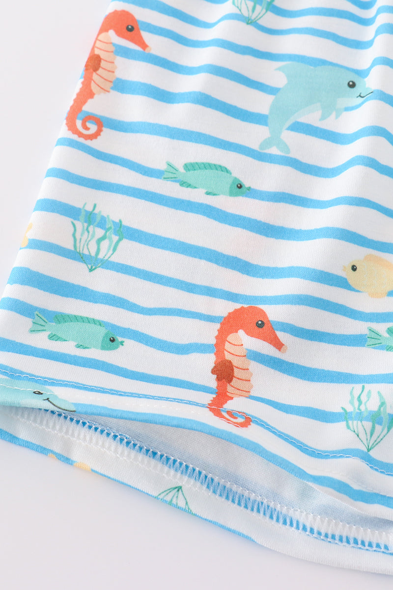 Blue marine creature embroidery set with playful sea animals, perfect for kids.
