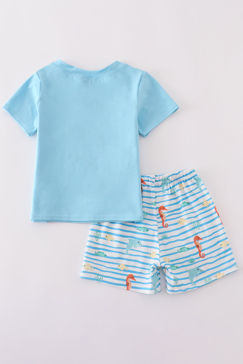 Blue marine creature embroidery set with playful sea animals, perfect for kids.