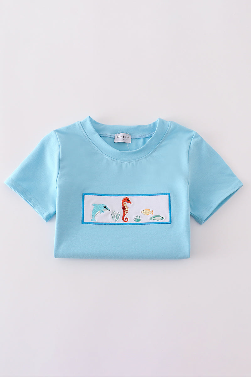 Blue marine creature embroidery set with playful sea animals, perfect for kids.