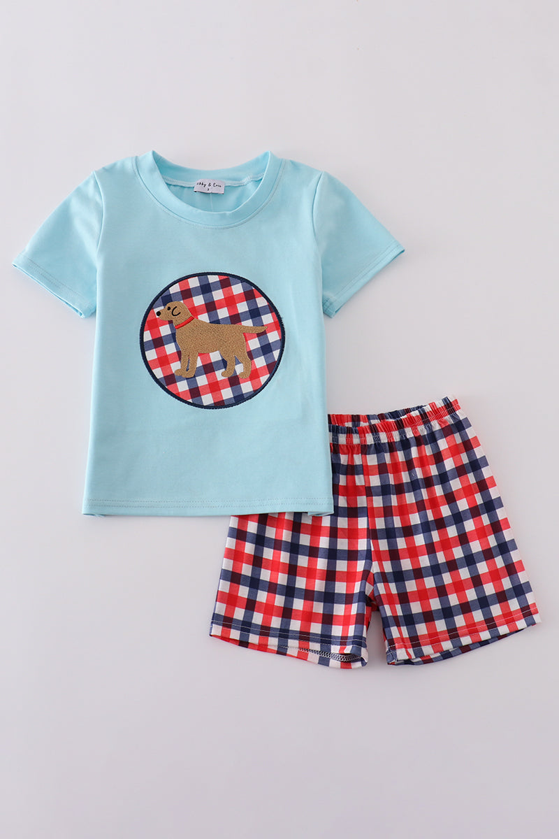 Blue gingham shorts set with adorable puppy applique, perfect for playful days.