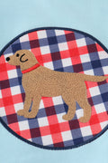 Blue gingham shorts set with adorable puppy applique, perfect for playful days.