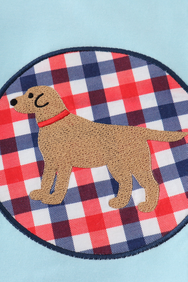 Blue gingham shorts set with adorable puppy applique, perfect for playful days.