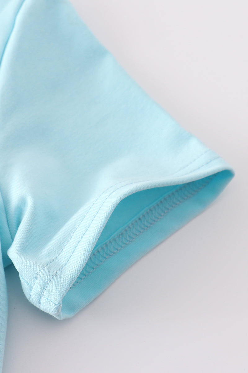 Blue gingham shorts set with adorable puppy applique, perfect for playful days.