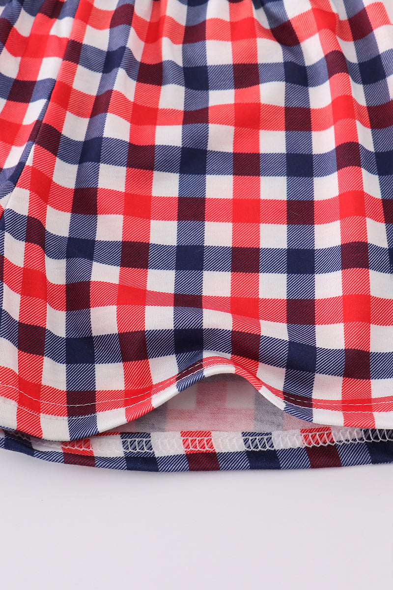 Blue gingham shorts set with adorable puppy applique, perfect for playful days.