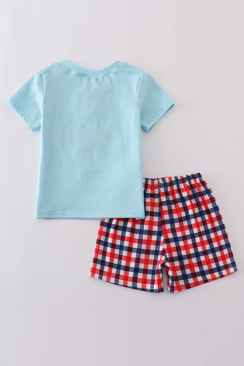 Blue gingham shorts set with adorable puppy applique, perfect for playful days.