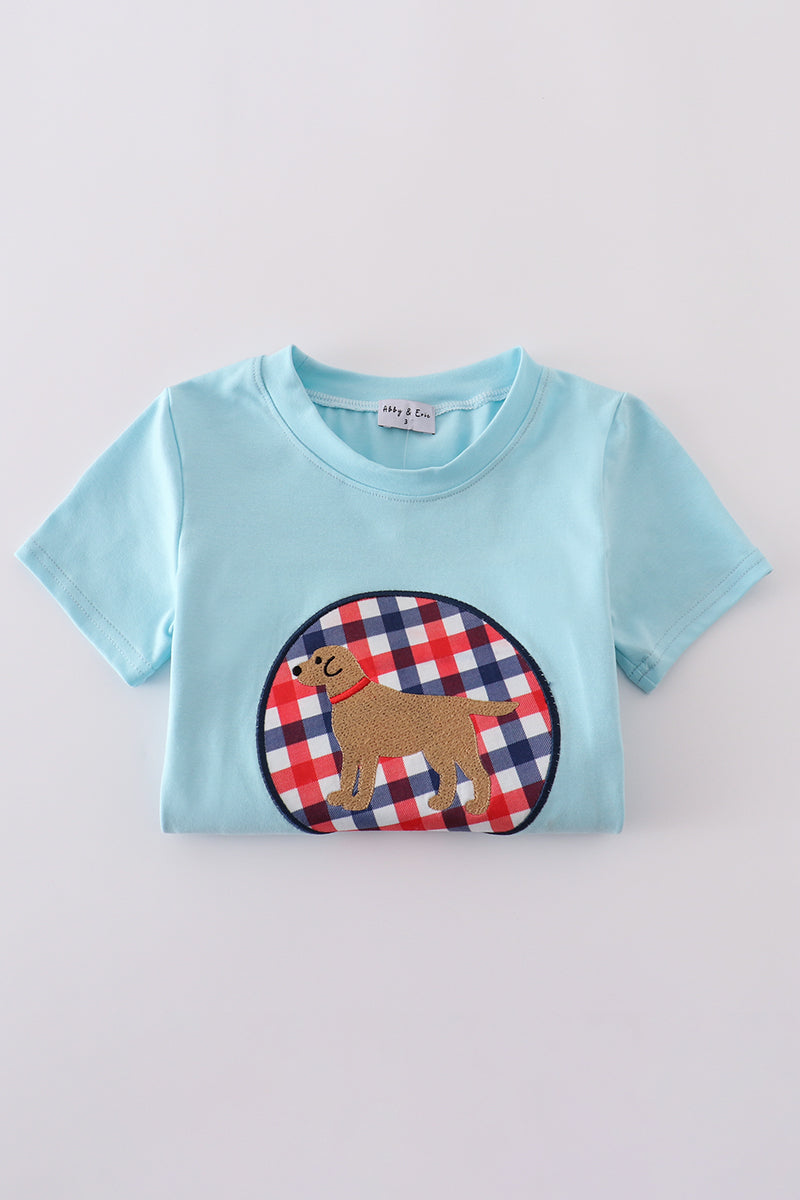 Blue gingham shorts set with adorable puppy applique, perfect for playful days.
