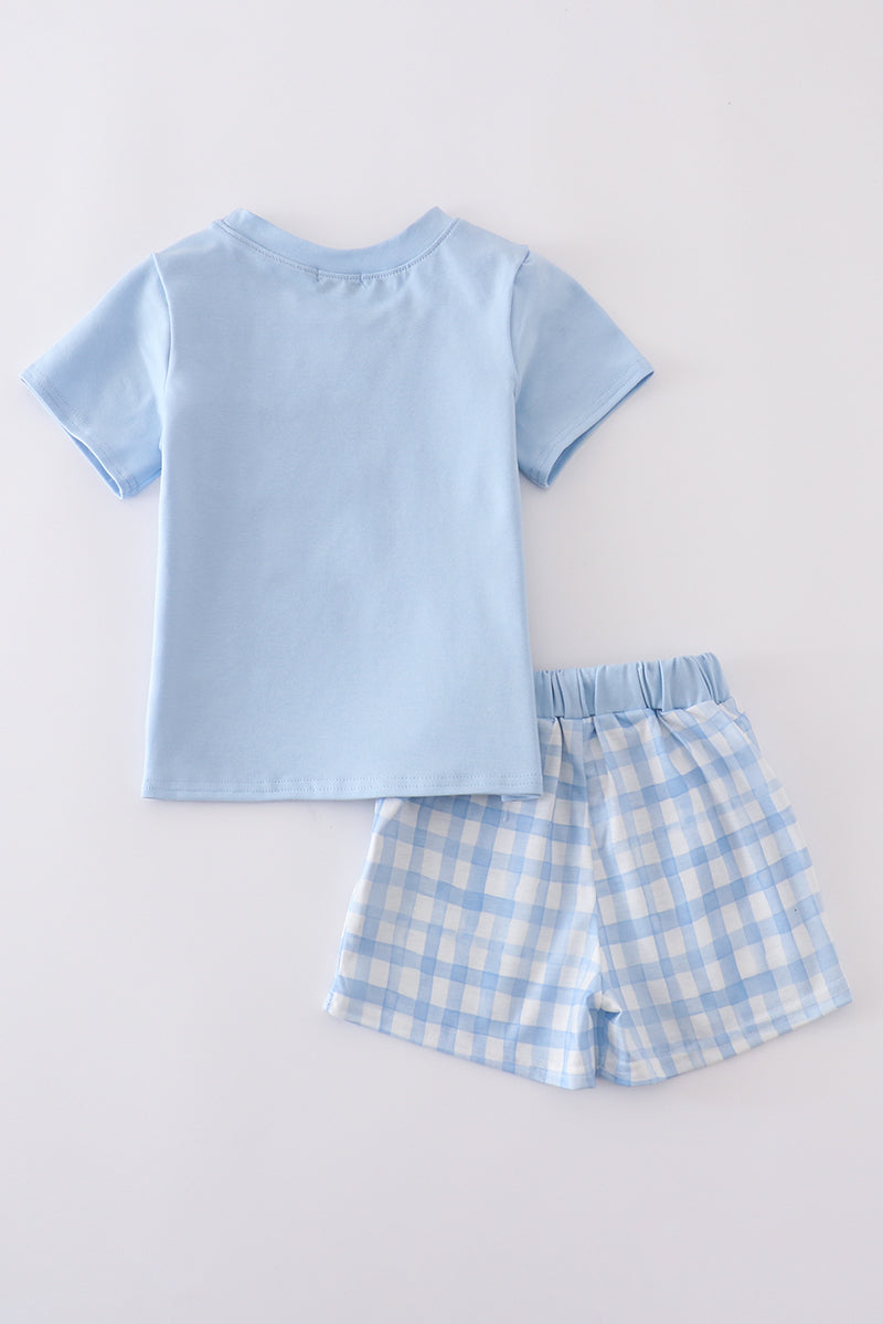 Blue gingham shorts set with playful pattern, perfect for sunny adventures.