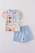 Blue zoo animals print shorts set features playful safari creatures for kids.
