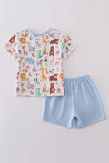 Blue zoo animals print shorts set features playful safari creatures for kids.