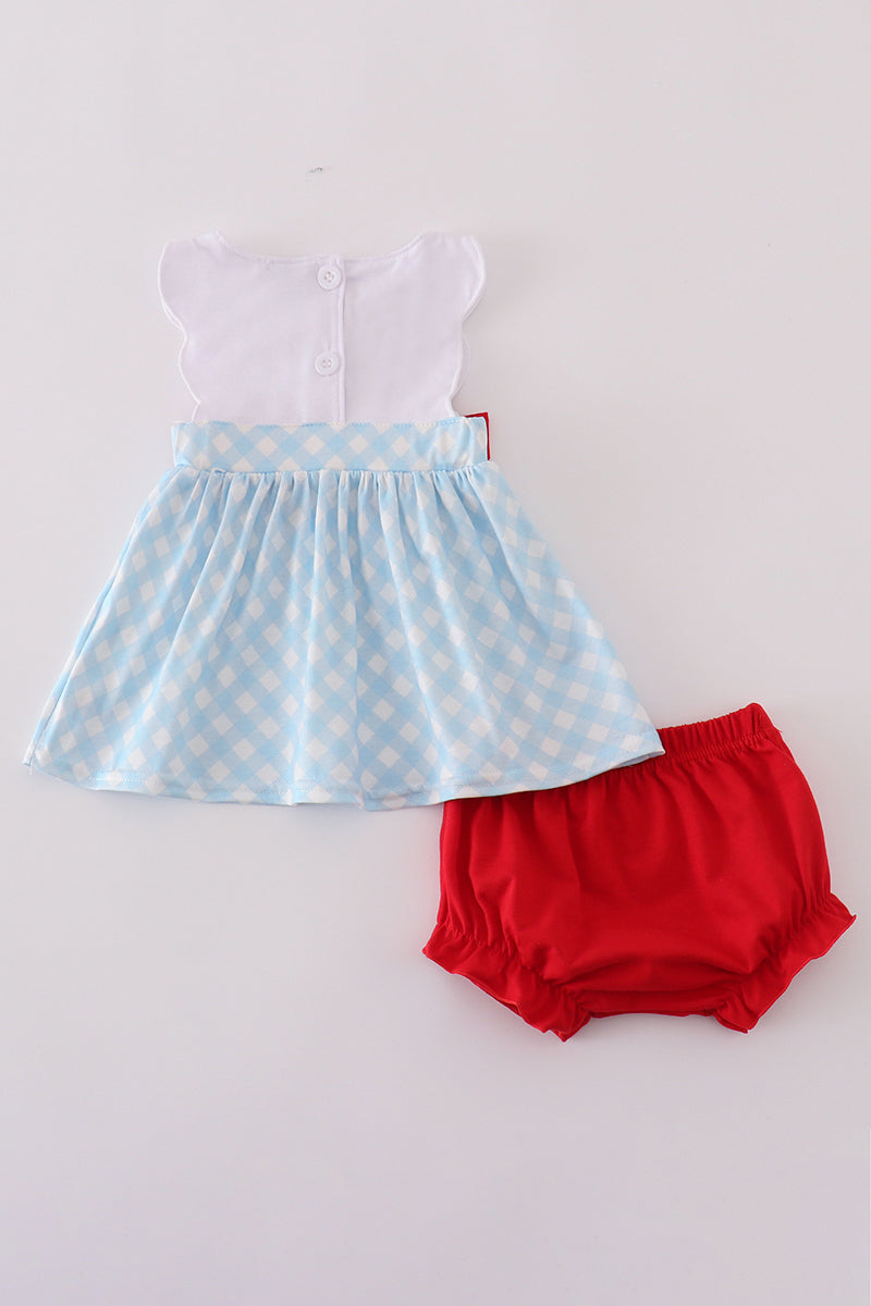 Blue gingham bloomer set with flag embroidery and a matching bow, perfect for summer.