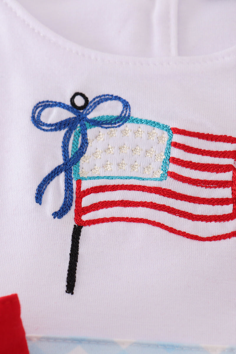 Blue gingham bloomer set with flag embroidery and a matching bow, perfect for summer.