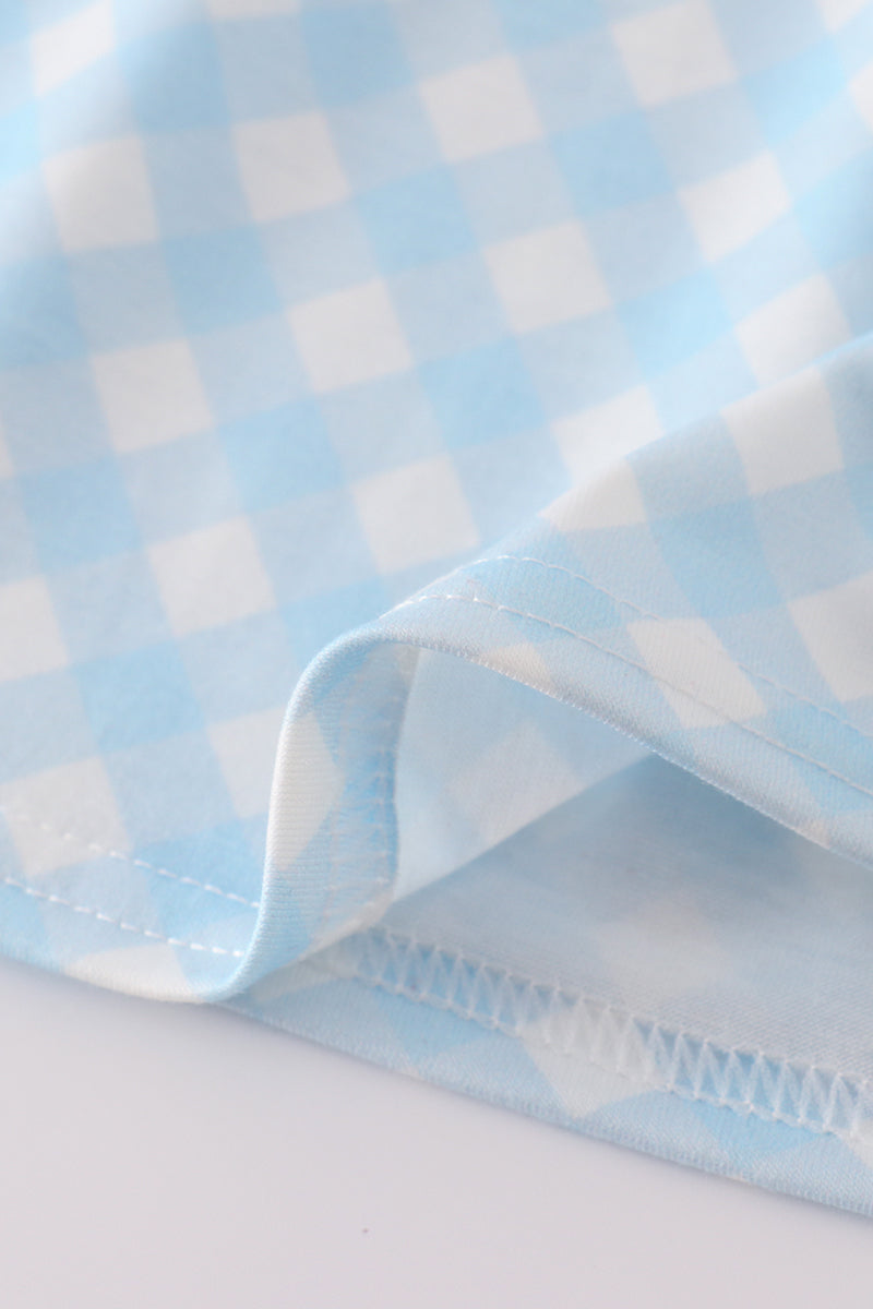 Blue gingham bloomer set with flag embroidery and a matching bow, perfect for summer.