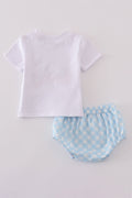 Blue gingham bloomer set with charming flag embroidery, perfect for summer fun.
