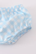 Blue gingham bloomer set with charming flag embroidery, perfect for summer fun.