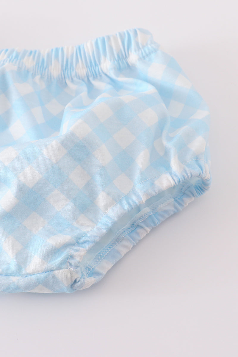 Blue gingham bloomer set with charming flag embroidery, perfect for summer fun.
