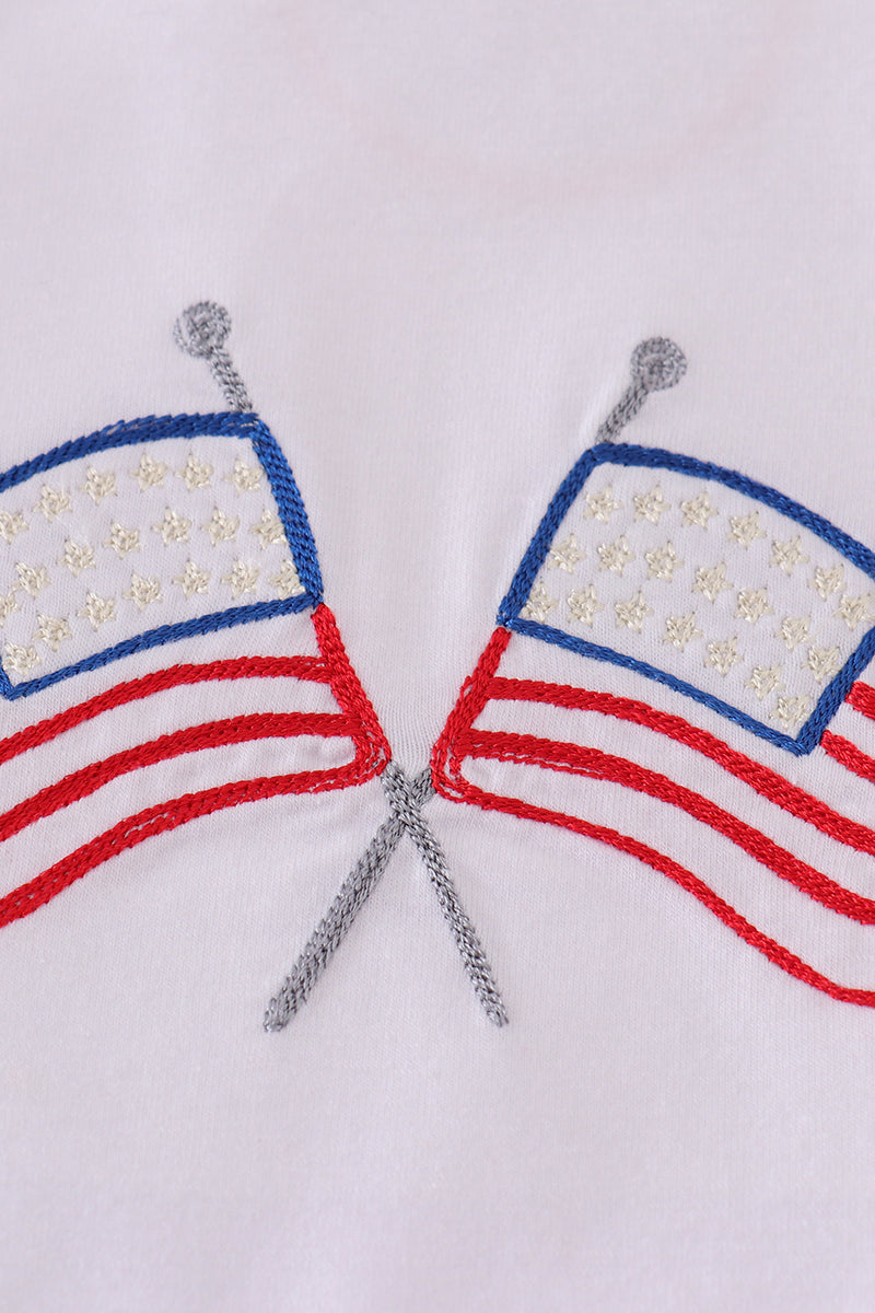 Blue gingham bloomer set with charming flag embroidery, perfect for summer fun.