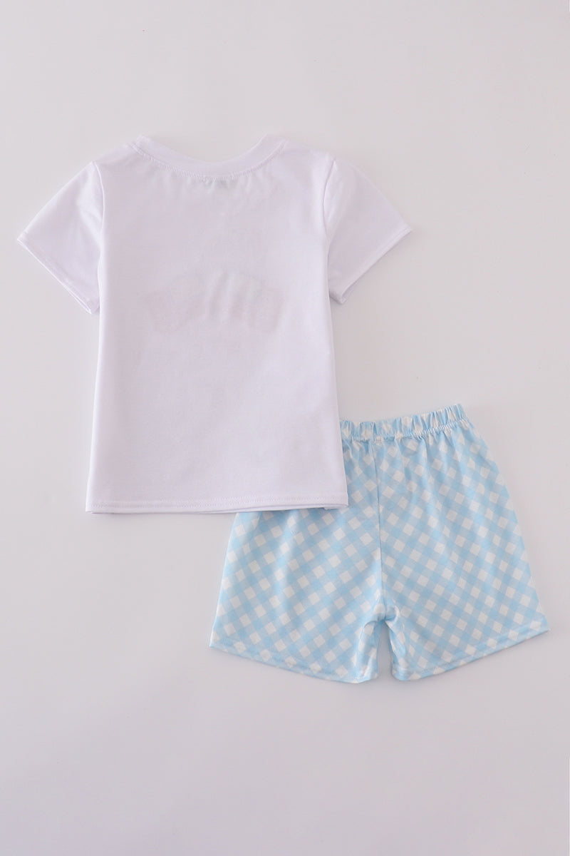Blue gingham shorts set with flag embroidery, perfect for summer fun.