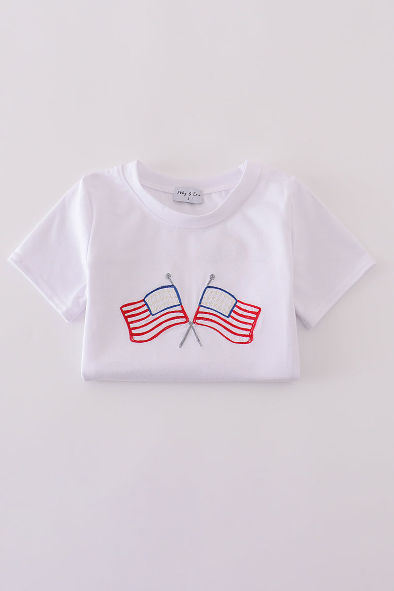 Blue gingham shorts set with flag embroidery, perfect for summer fun.