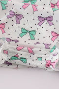 A sweet pink bubble romper with embroidered bow print, perfect for playtime.