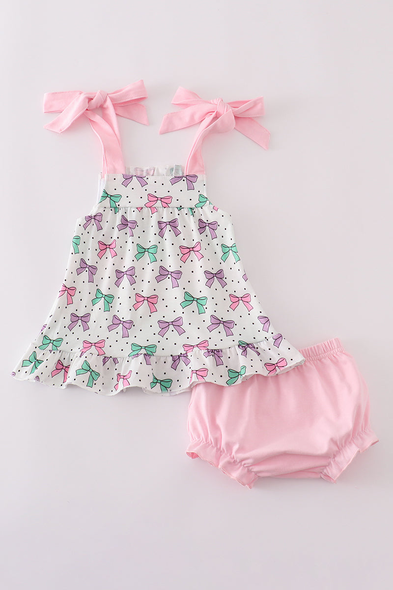 Adorable pink bloomer set with delicate bow embroidery, perfect for playful outings.