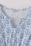 Blue toile garden bow mom tiered dress with a charming floral pattern.