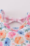 Pink watercolor floral 2-piece swimsuit with ruffled straps, perfect for sunny days.