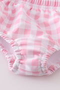 Pink watercolor floral 2-piece swimsuit with ruffled straps, perfect for sunny days.