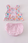 Pink watercolor floral 2-piece swimsuit with ruffled straps, perfect for sunny days.