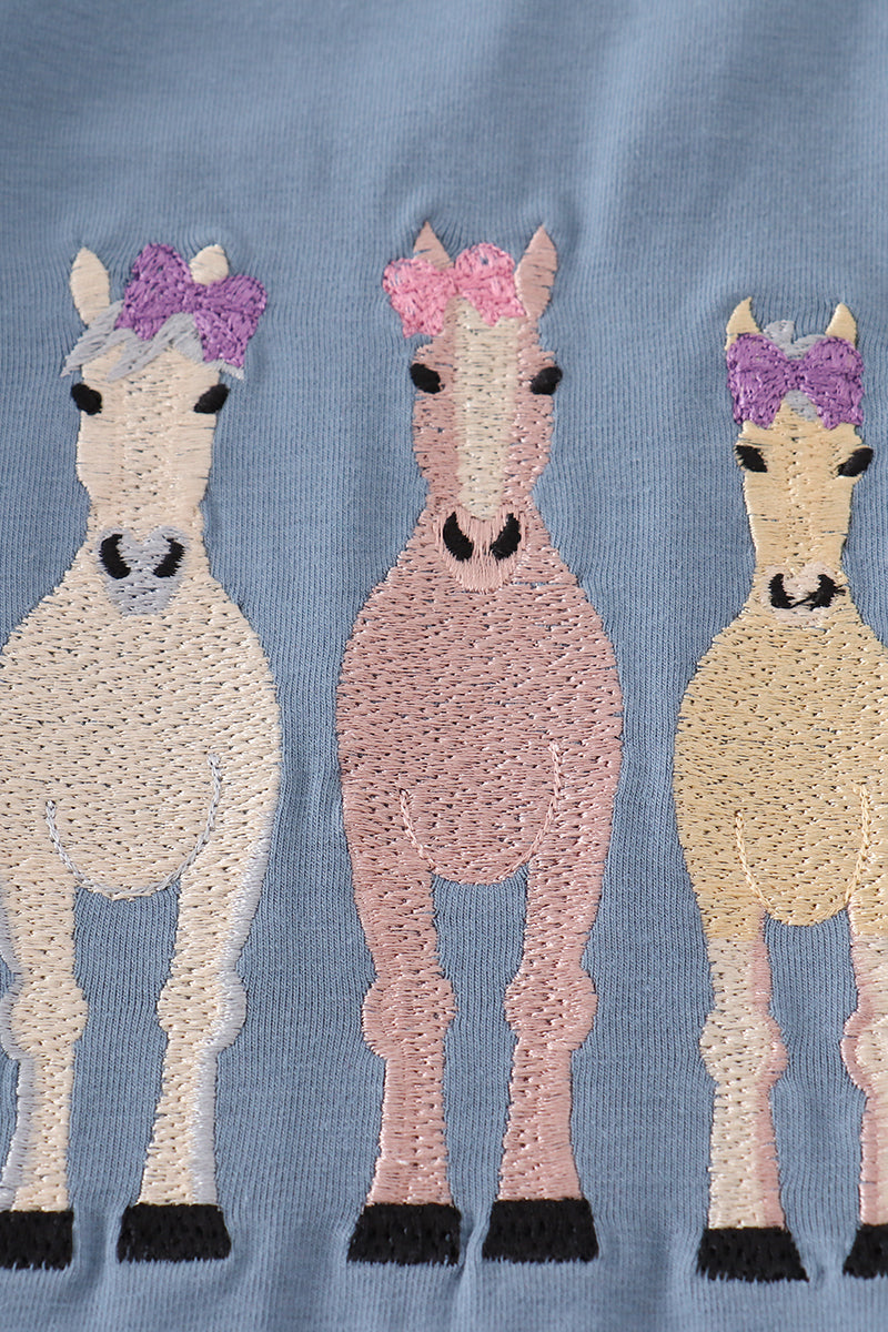 Blue farm horses embroidery shorts set featuring playful horse patterns, perfect for summer.