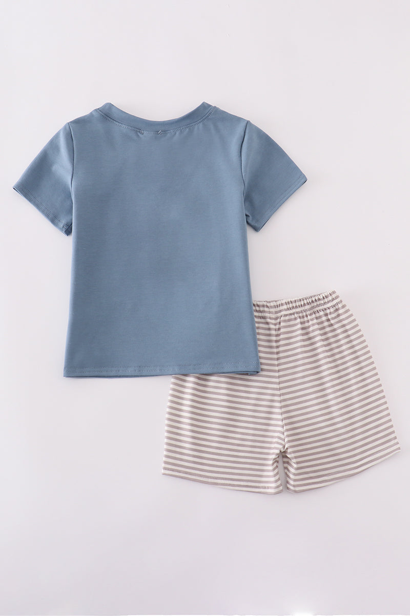 Blue farm horses embroidery shorts set featuring playful horse patterns, perfect for summer.