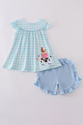 Blue farm-themed ruffle shorts set with playful appliques for kids.