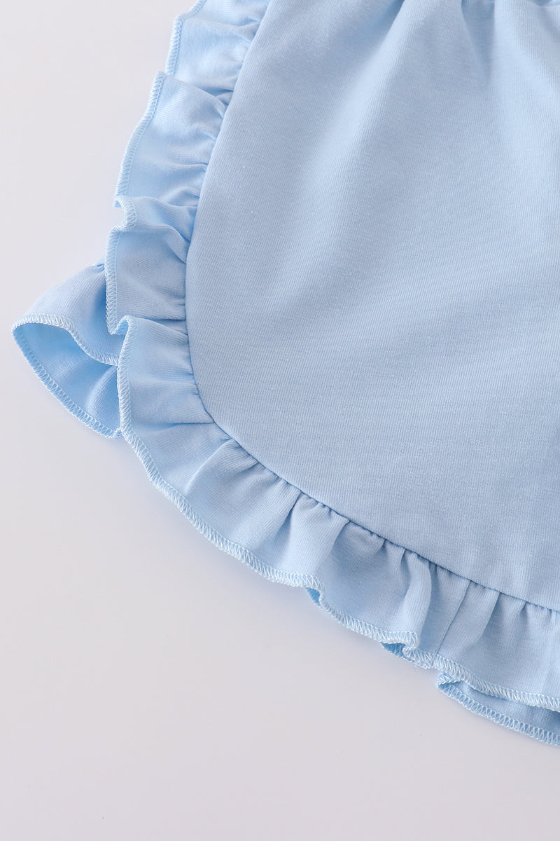 Blue farm-themed ruffle shorts set with playful appliques for kids.