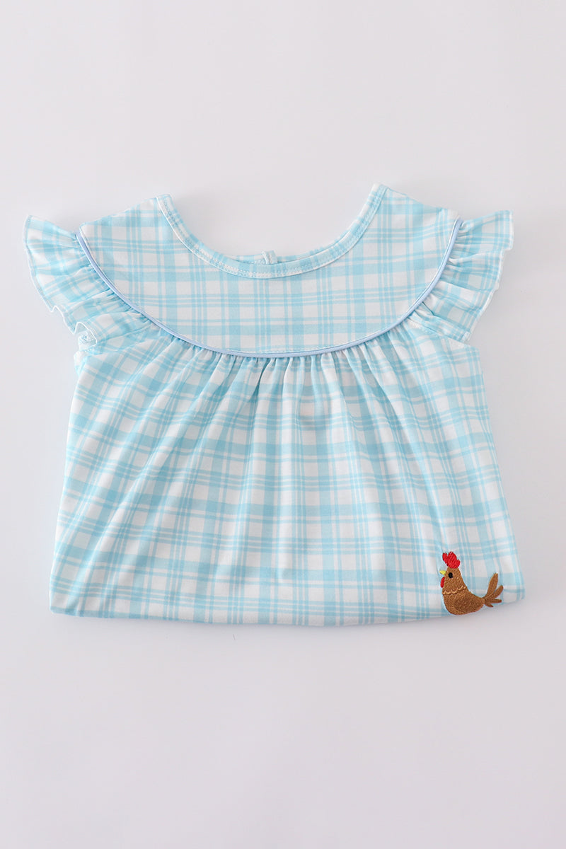 Blue farm-themed ruffle shorts set with playful appliques for kids.
