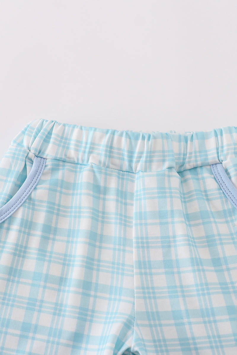 Blue farm-themed shorts set with playful applique designs, perfect for summer fun.